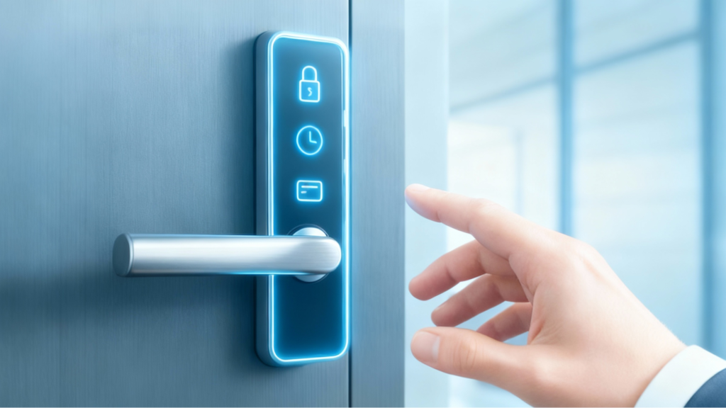 A hand is reaching out to a modern smart lock on a door.